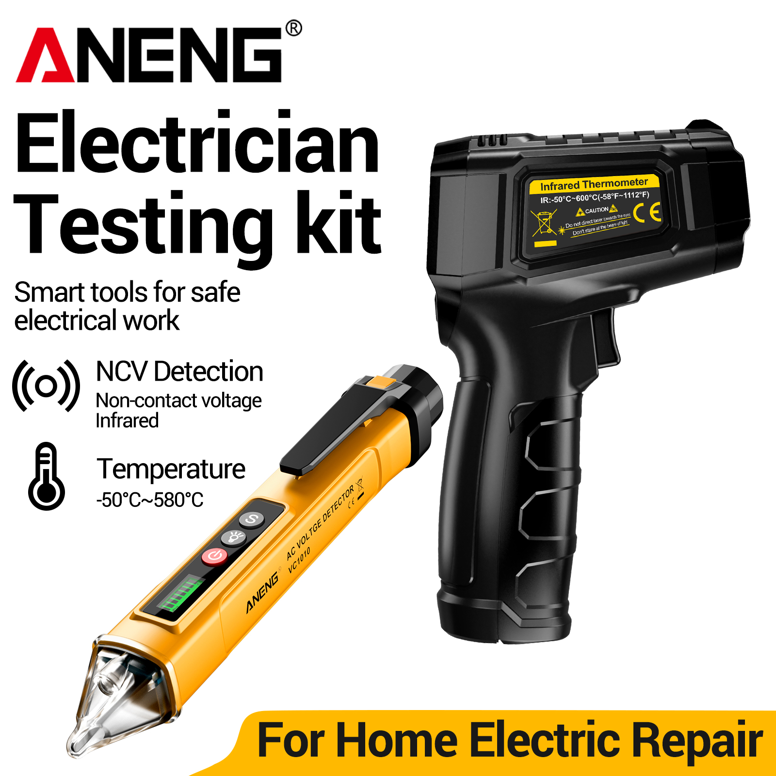 Industrial Laser Pen - ANENG TH202レーザー温度計とVC1010電圧テストペン-50～600 ℃ 温度測定 12～1000V 中性線検出キット