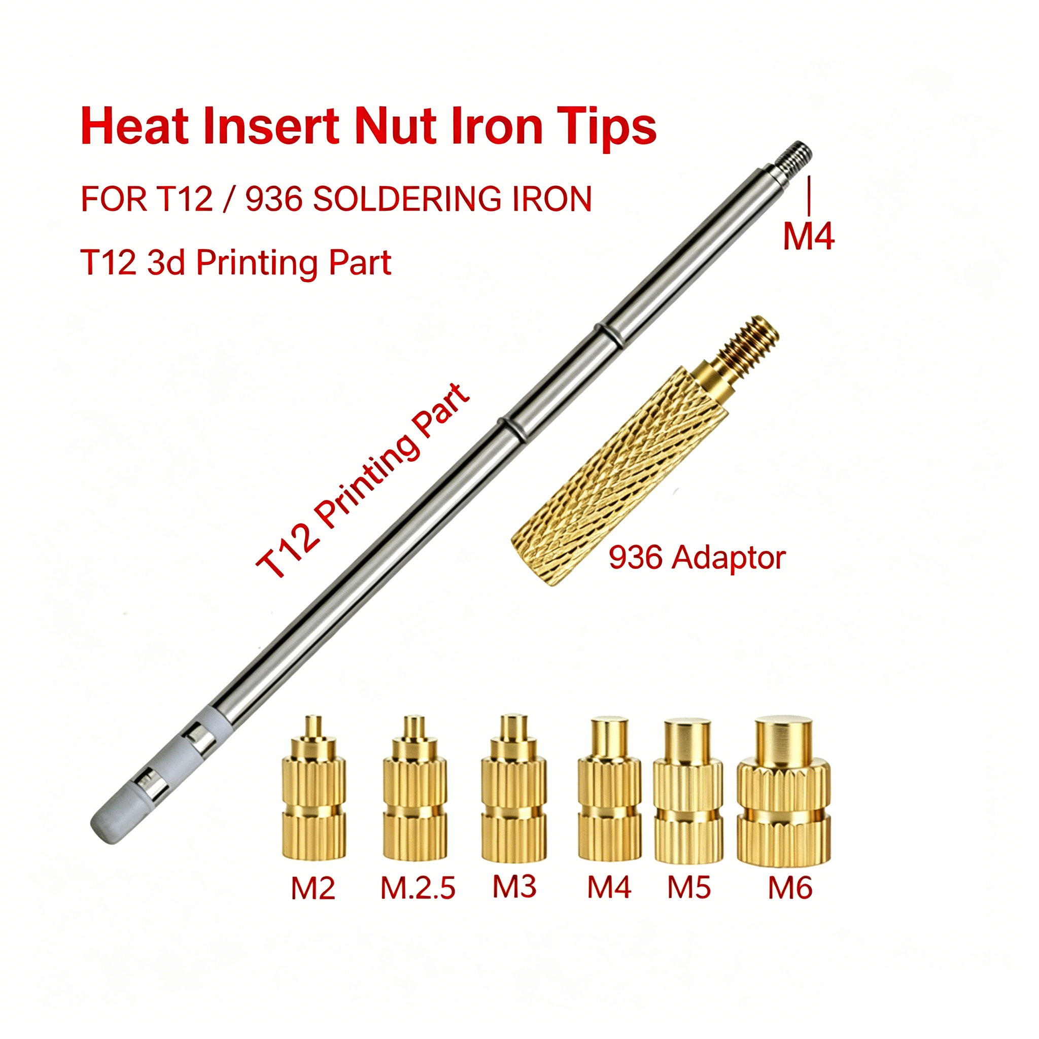 Industrial Laser Soldering Iron - T12 はんだごて用ホットメルトナット埋め込み挿入インデンター M2-M6 3D プリントアクセサリー熱挿入ナットアダプターチップ